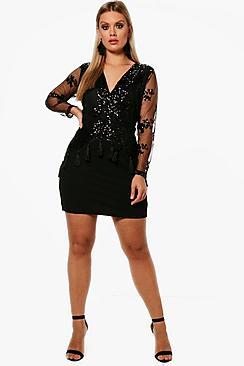 Boohoo Plus Rosie Wrap Front Sequin Bodycon Dress