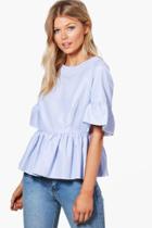 Boohoo Petite Brooke Stripe Peplum Hem Woven Top Blue