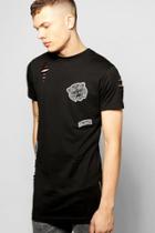 Boohoo Destroyed Longline T Shirt With Badges Black