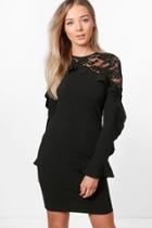Boohoo Sarah Lace Detail Ruffle Dress Black