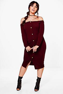 Boohoo Plus Nicole Off The Shoulder Button Midi Dress