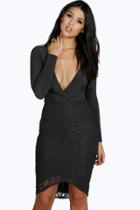 Boohoo Susan Wrap Lace Panel Midi Dress Black