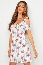 Boohoo Polka Dot Floral Mix Cold Shoulder Skater Dress