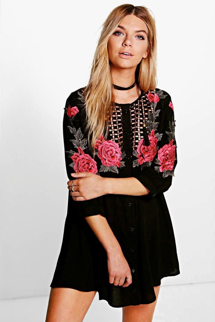 Boohoo Khloe Embroidered Shirt Dress Black