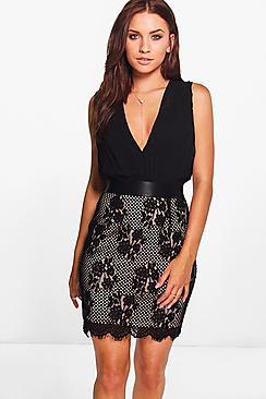 Boohoo Boutique Jo Pleated Top Lace Skirt 2 In 1 Dress