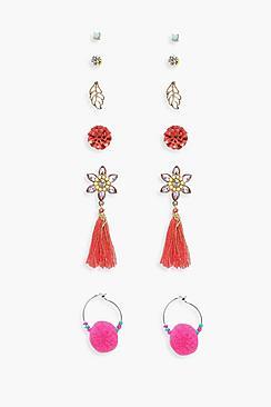 Boohoo Ella Tassel Pom Mixed Earrings 6 Pk