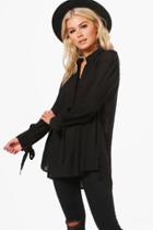 Boohoo Rose Woven Crinkle Tie Sleeve Shirt Black