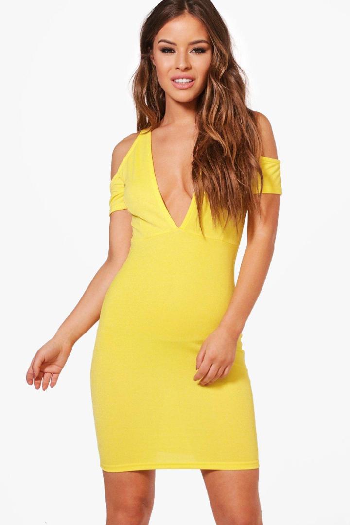 Boohoo Petite Nicole Plunge Cold Shoulder Bodycon Dress Yellow