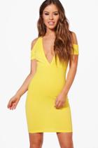 Boohoo Petite Nicole Plunge Cold Shoulder Bodycon Dress Yellow