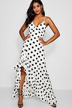 Boohoo Harper Polka Dot Frill Split Maxi Dress