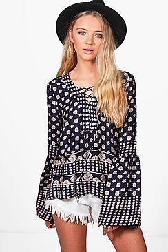 Boohoo Ella Paisley Printed Tie Front Top