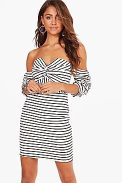 Boohoo Este Stripe Off The Shoulder Puff Sleeve Bodycon Dress