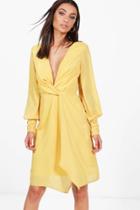 Boohoo Tall Una Split Sleeve Twist Front Dress Yellow