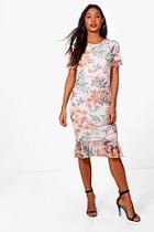 Boohoo Gwen Print Mesh Frill Sleeve  Midi Dress