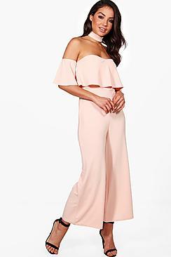 Boohoo Hannah Off Shoulder Ruffle Culotte Choker Jumpsuit