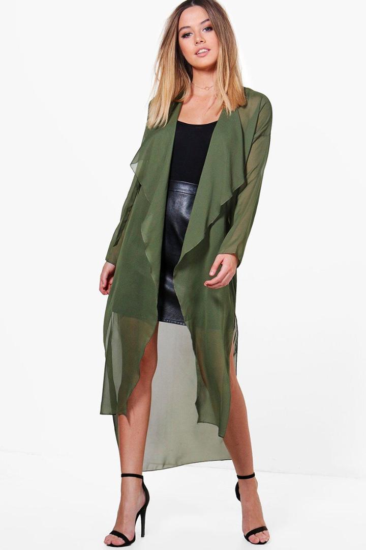 Boohoo Petite Olivia Chiffon D-ring Choker Duster Khaki