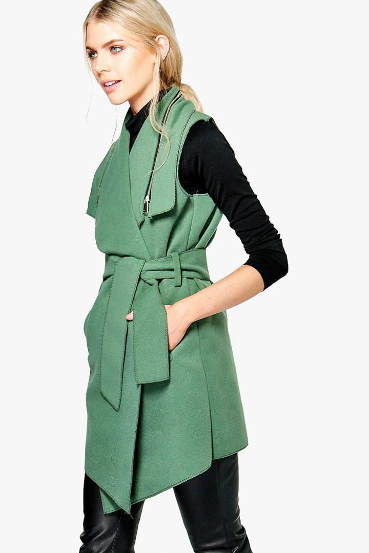 Boohoo Annabelle Sleeveless Coat With Zip Khaki