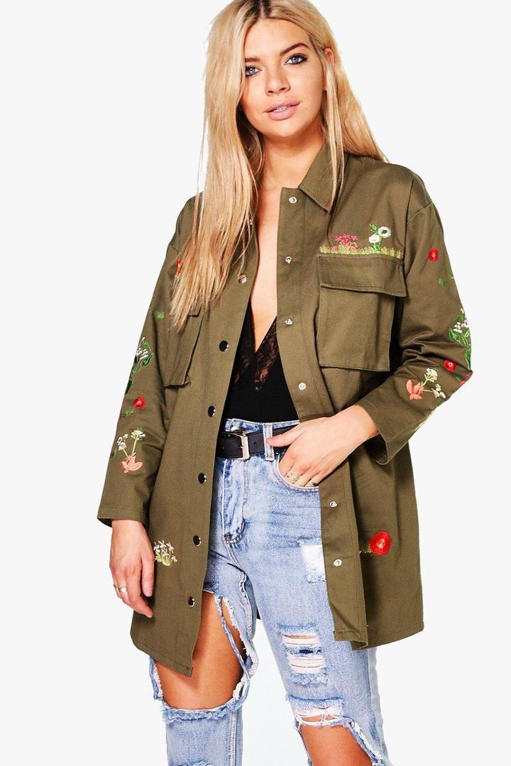 Boohoo Ruby Embroidered Longline Canvas Jacket Khaki