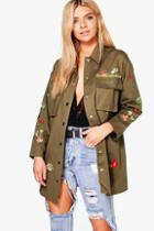 Boohoo Ruby Embroidered Longline Canvas Jacket Khaki
