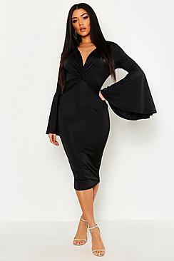 Boohoo Plunge Front Twist Flared Sleeve Midi Dress