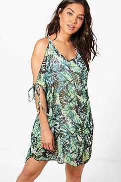 Boohoo Freya Leaf Tie Sleeve Cold Shoulder Beach Dress