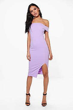 Boohoo Anna Off The Shoulder Side Split Midi Dress