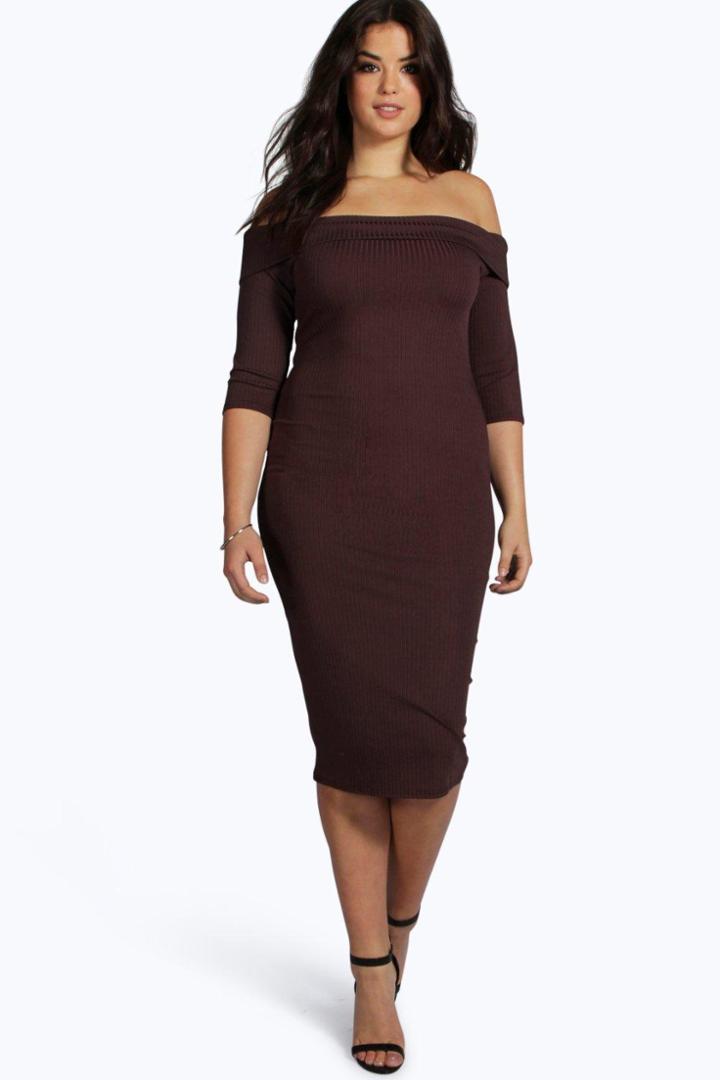 Boohoo Plus Polly Rib Bardot Midi Dress Mocha