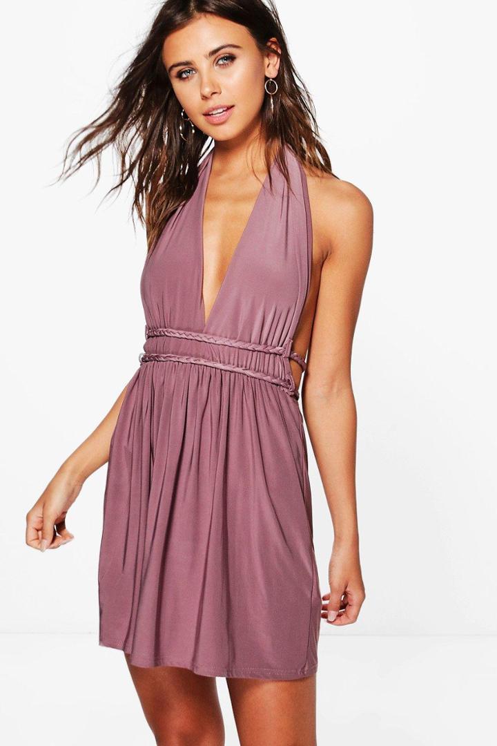 Boohoo Petite Yasmin Plait Detail Plunge Skater Dress Mauve