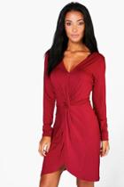 Boohoo Rue Knot Wrap Long Sleeve Bodycon Dress Wine