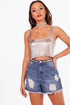 Boohoo Francie Aztec Trim Tie Waist Denim Mom Shorts