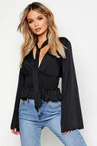 Boohoo Tie Collar Shirred Waist Flared Sleeve Blouse