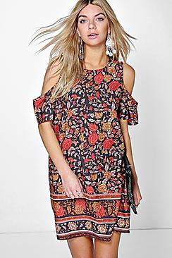 Boohoo Kaya Border Print Floral Open Shoulder Dress