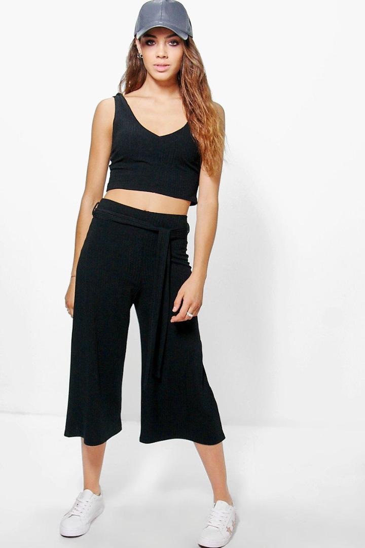 Boohoo Ava Rib Crop Top And Culotte Co-ord Set Black