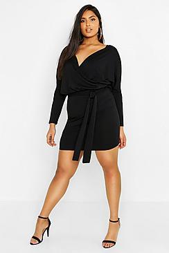 Boohoo Plus Rib Kimono Sleeve Belted Dress