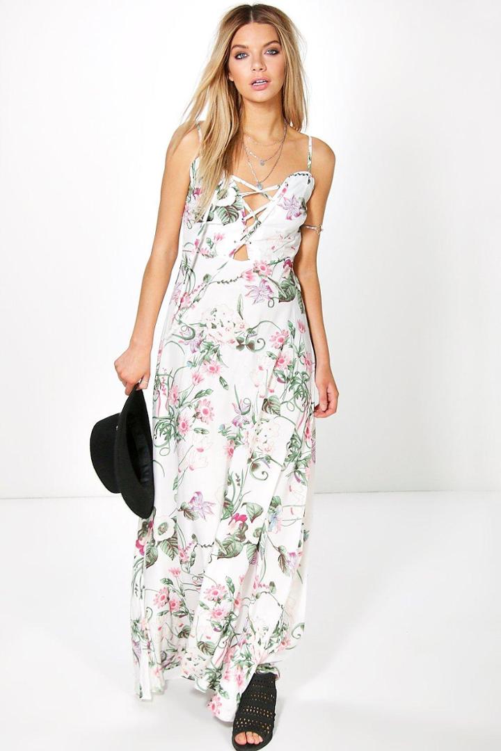 Boohoo Aiana Floral Lace Up Maxi Dress White