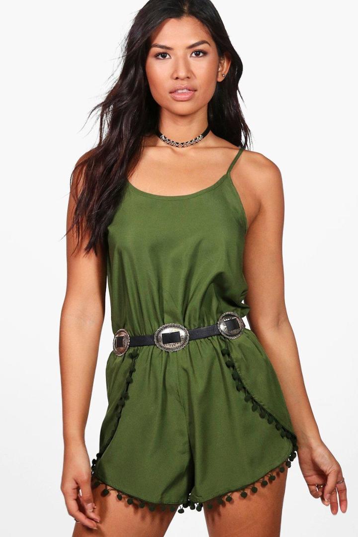 Boohoo Jen Pom Pom Detail Playsuit Khaki