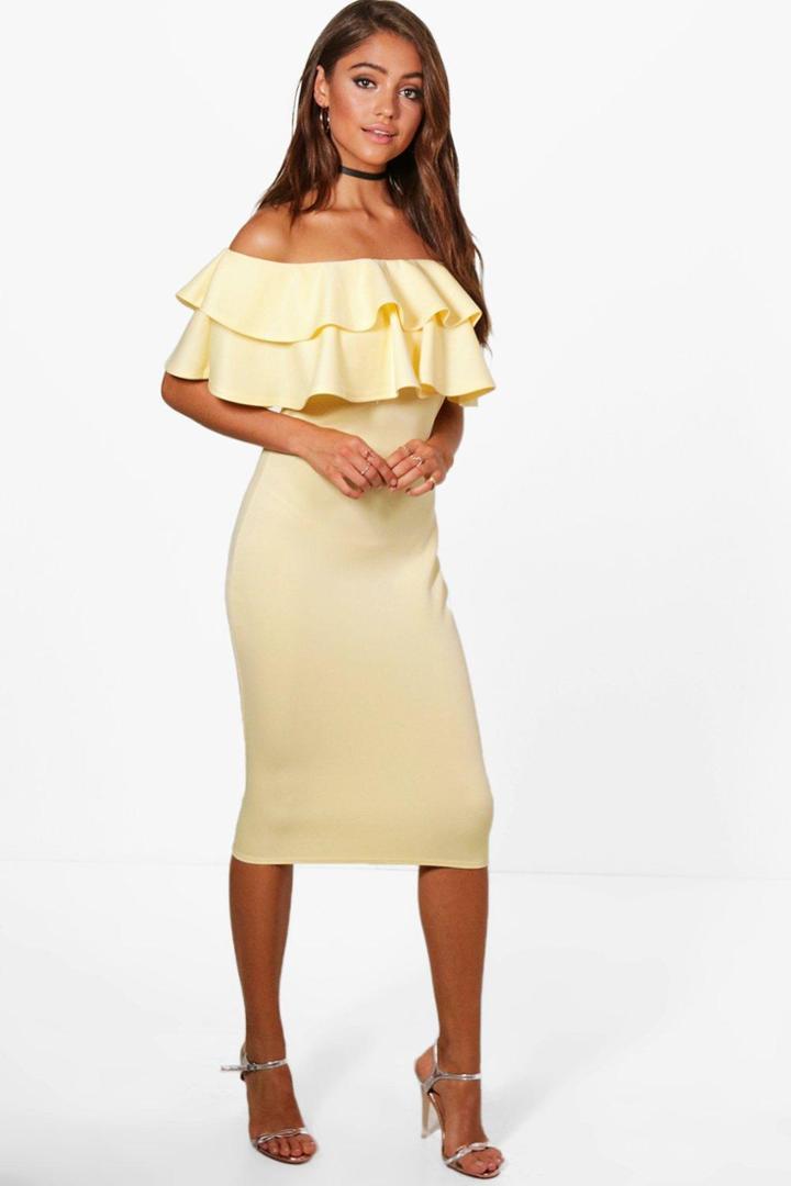 Boohoo Dixie Bardot Layered Frill Detail Midi Dress Yellow