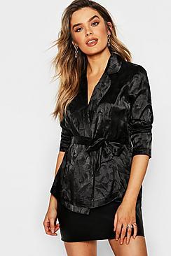 Boohoo Premium Jacquard Satin Wrap Tie Blouse
