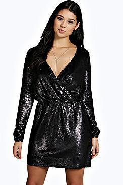 Boohoo Boutique Viola Sequin Wrap Front Skater Dress