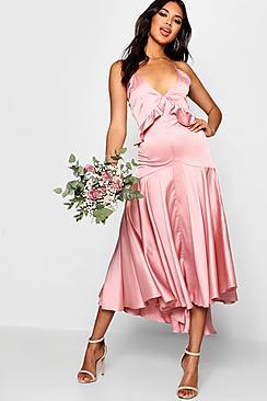 Boohoo Boutique Satin Dip Hem Ruffle Detail Dress