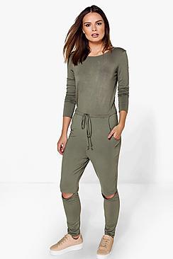 Boohoo Lois Long Sleeved Slit Knee Relaxed Fit Jumpsuit
