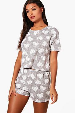 Boohoo Saffron Heart Print Lounge T & Short Set
