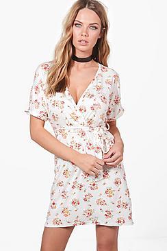 Boohoo Violette Floral Tie Waist Wrap Tea Dress