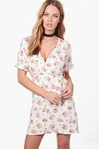 Boohoo Violette Floral Tie Waist Wrap Tea Dress