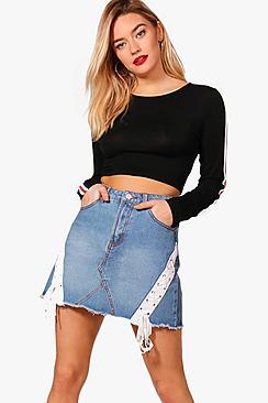 Boohoo Lace Up Front Denim Mini Skirt