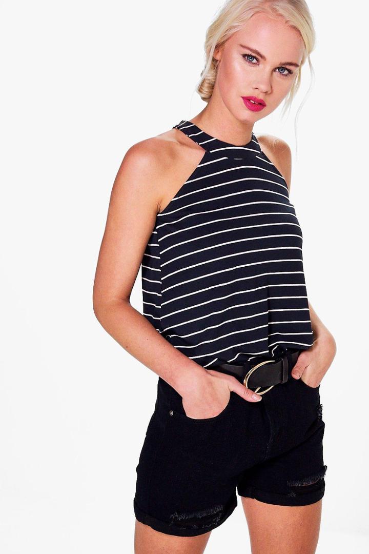 Boohoo Rebecca Stripe Cut Away Swing Top Black