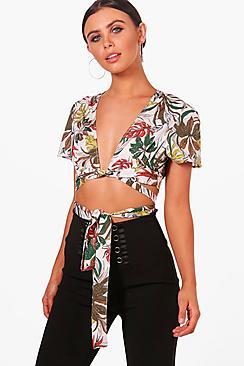 Boohoo Petite Safari Print Floral Wrap Tie Crop Top