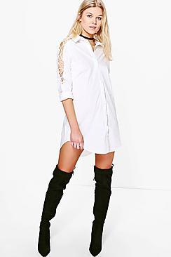Boohoo Petite Ella Lace Up Sleeve Shirt Dress