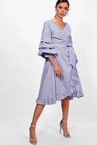 Boohoo Michelle Rouched Sleeve Ruffle Wrap Midi Dress