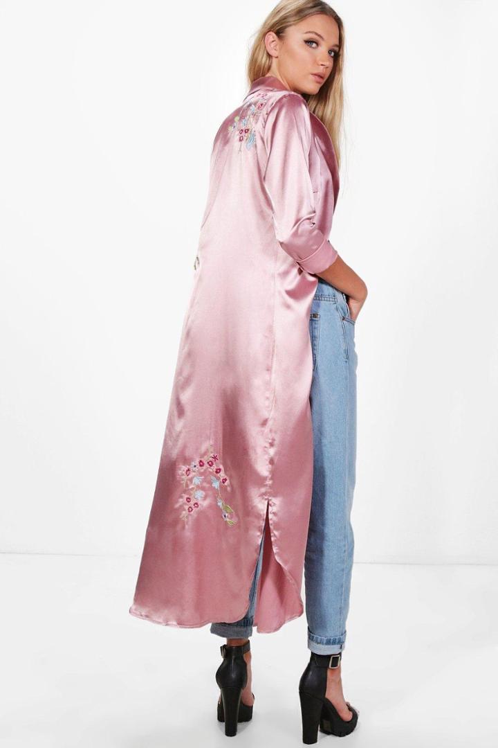 Boohoo Freya Embroidered Satin Duster Rose